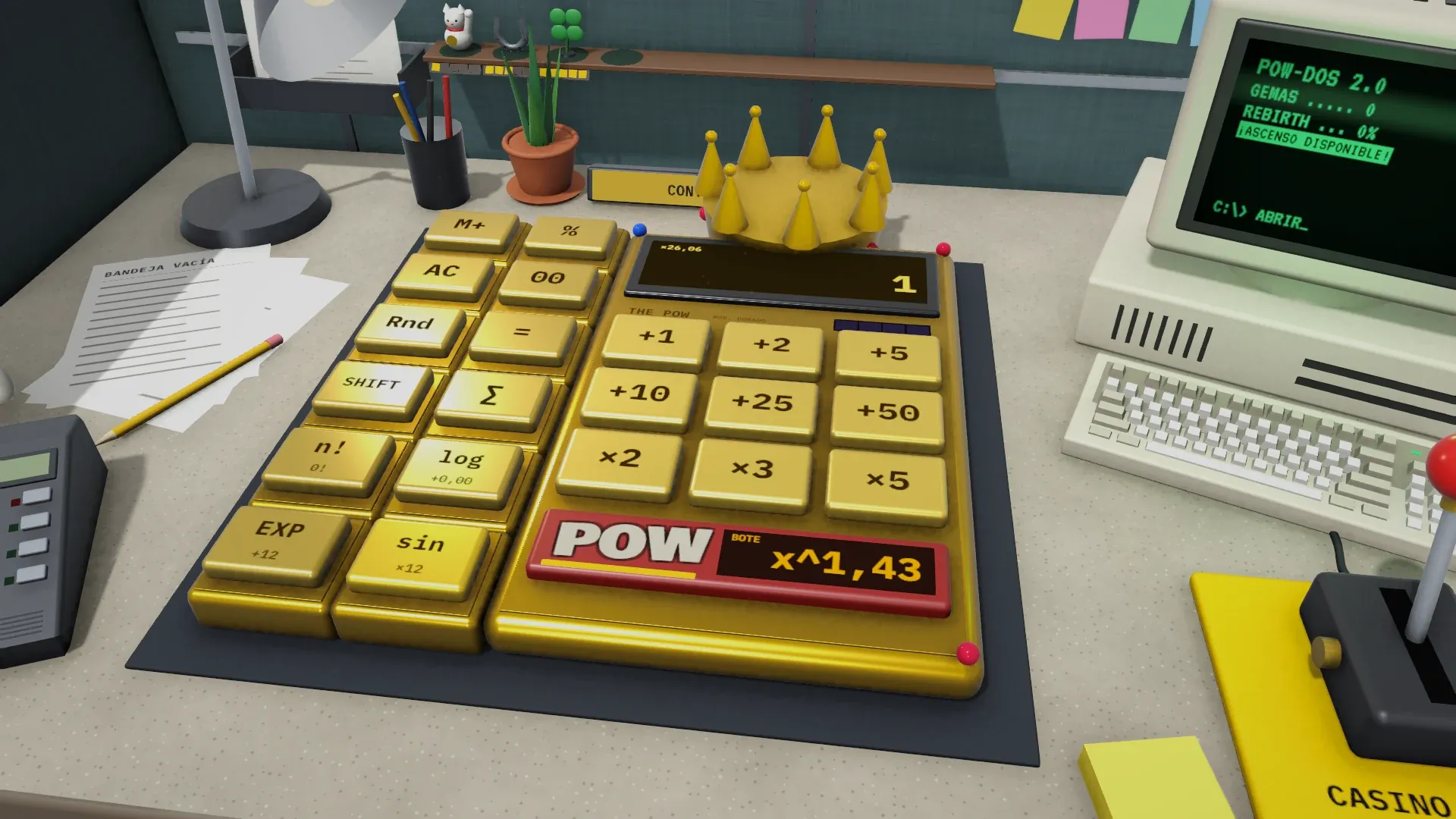 Primer plano de la calculadora dorada con su corona y el bote del POW a x^1,43