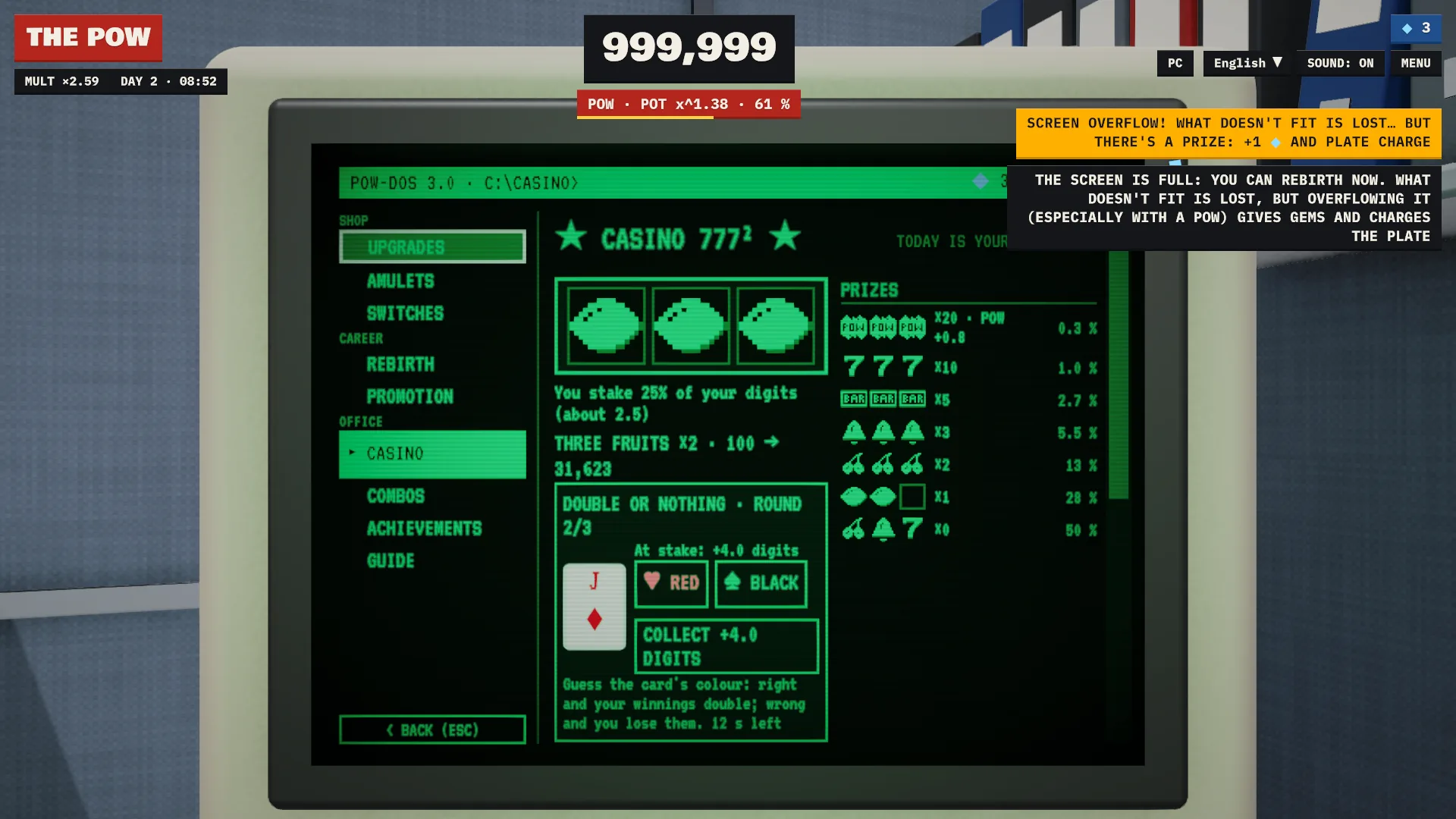 Doble o nada en la pantalla del casino: una carta boca arriba y los botones rojo y negro