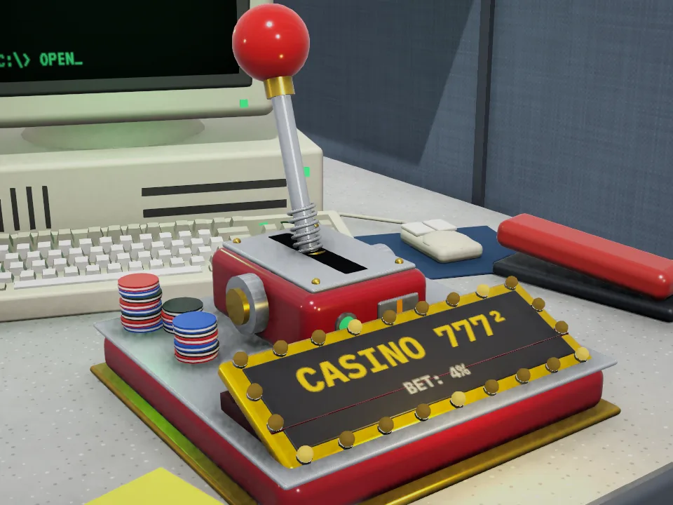 La palanca del CASINO 777² sobre su pedestal con marquesina de bombillas, de día