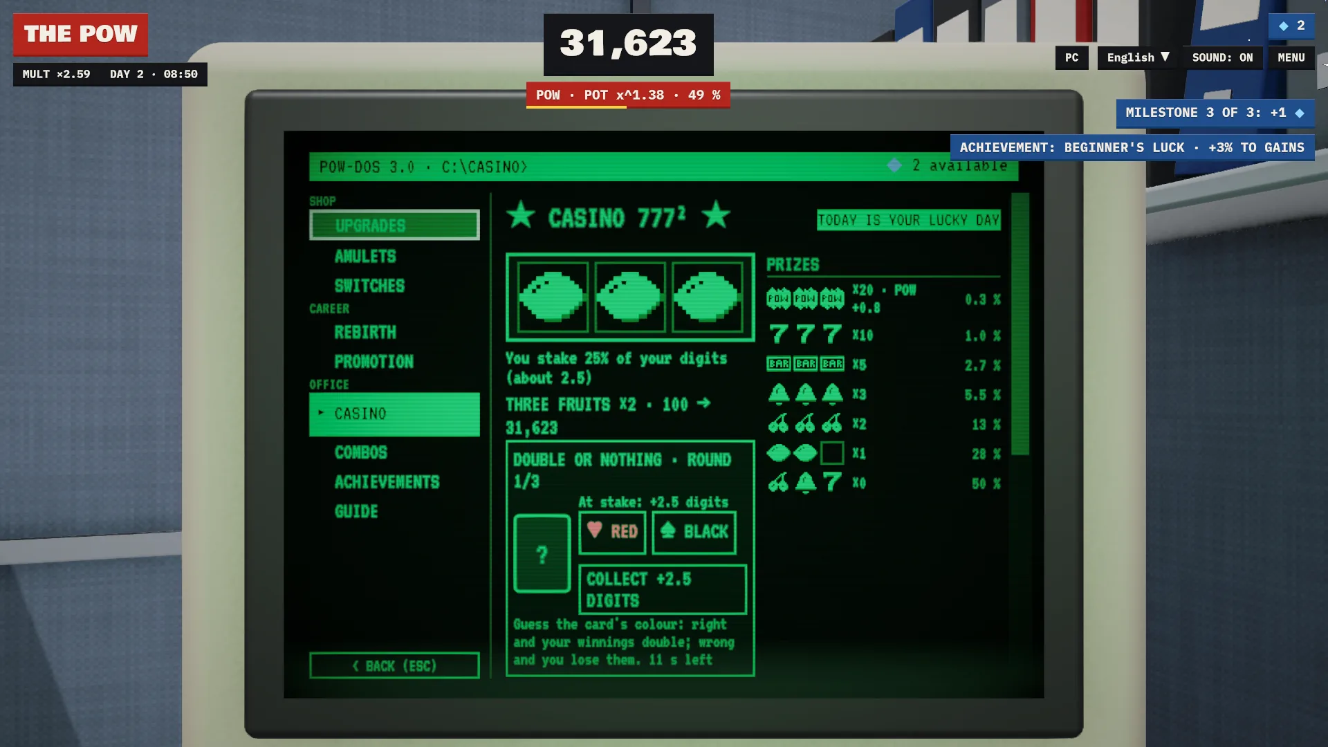 La pantalla del CASINO 777² en POW-DOS con la tabla de premios