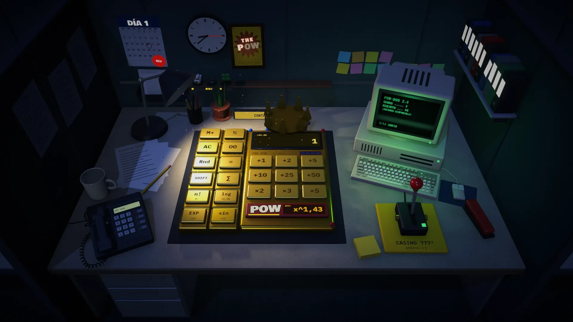 El cubículo de noche, iluminado solo por la calculadora y la pantalla verde del PC