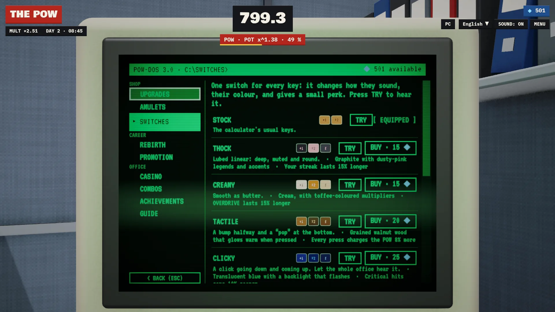 La tienda de switches de POW-DOS 3.0: Stock, Thock, Creamy, Tactile y Clicky con sus botones TRY y BUY