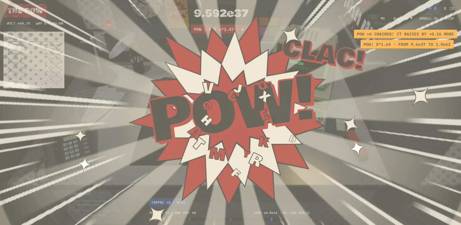 POW con el switch Typewriter: estrella roja con letras sueltas y la onomatopeya CLAC!